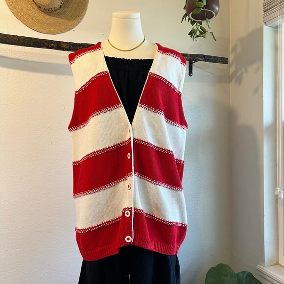 Liz Claiborne Red & White Chunky Cotton Knit Sweater Long Vest Size Medium - Picture 8 of 12